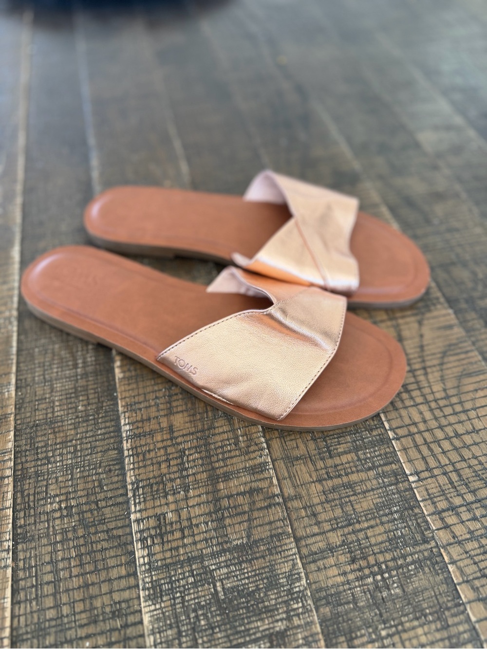 Toms Metallic Rose Gold Slide Sandals